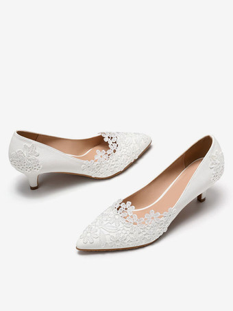 ウェディングシューズPUレザーホワイトポインテッドトゥフラワースチレットヒールスリップオンパンプス