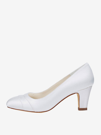 アイボリーウェディングシューズサテンラウンドトゥチャンキーヒールスリップオンブライダルシューズ