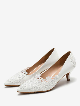 Sapatos de casamento PU couro branco ponta pontiaguda flores salto agulha deslizante em bombas