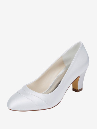 ホワイト アイボリーウェディングシューズサテンラウンドトゥチャンキーヒールスリップオンブライダルシューズ