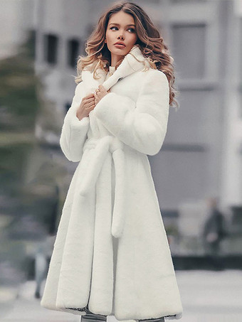 Hooded Faux Fur Coat Belted Winter Outerwear For Women 2024
