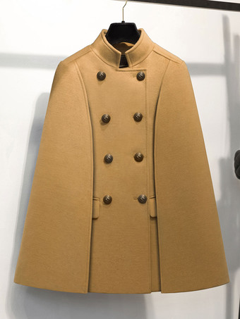 ラクダ色 ウールポンチョコート スタンドカラー ダブルブレスト レディース ケープ アウター