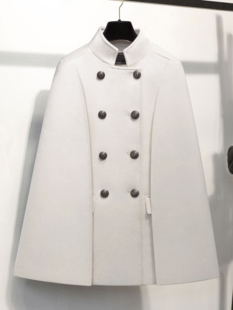 ホワイト ウールポンチョコート スタンドカラー ダブルブレスト レディース ケープ アウター