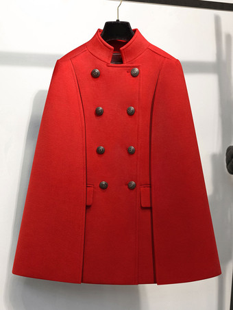 レッド ウールポンチョコート スタンドカラー ダブルブレスト レディース ケープ アウター