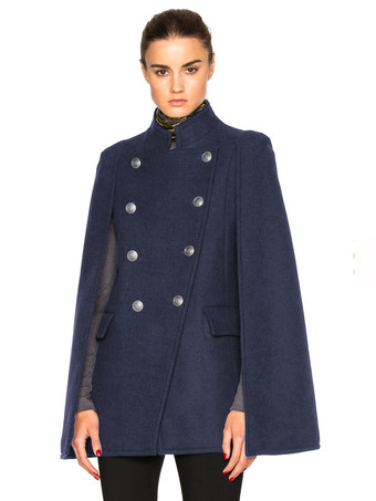 Poncho de mujer azul marino oscuro abrigo de lana de invierno con doble botonadura 2024
