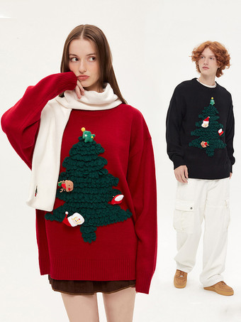Suéter feo con cuello redondo y mangas largas  jersey de árbol de Navidad para pareja