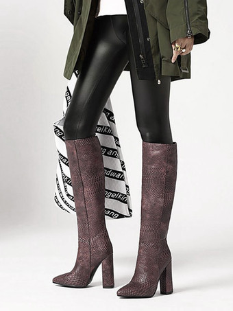 女性のためのコーヒーブラウンニーハイブーツポインテッドトゥチャンキーヒールブーツ