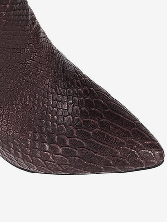 女性のためのコーヒーブラウンニーハイブーツポインテッドトゥチャンキーヒールブーツ