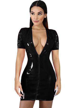 Club Dress For Women V-Neck Sexy Zipper Short Sleeves PU Leather