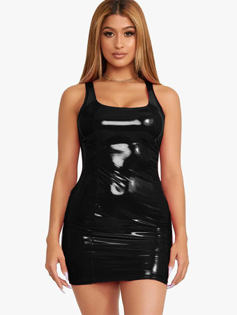 noir Robe Club Pour Femmes Sexy Sans Manches En Cuir PU Robe Sexy Kaki