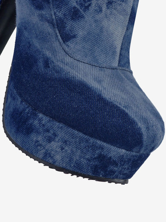 ロングブーツ アーモンドトゥ レディースブーツ チャンキーヒール ディープブルー 12cm シューズ グラデーションカラー ジッパー アウトドア 3.5cm レディース靴