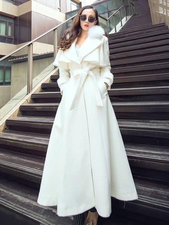 abrigo mujer blanco con manga larga de cuello vuelto de mezclada de lana Color liso Moda Mujer estilo moderno Invierno Chaquetas