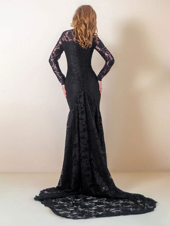 黒ゴシックウェディングドレスマーメイド長袖レーストレーンブライダルドレス無料カスタマイズ