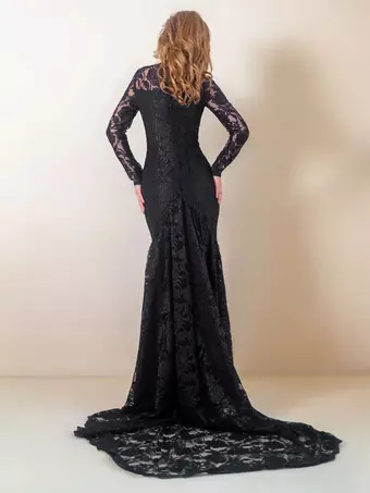 black gothic mermaid dress Gothic Black Lace Flower Mermaid Wedding Dress With Illusion Detachable Sleeves