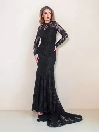 chinese dress ladies Vintage Inspired Gothic Black Lace Beaded Mermaid Wedding Dress Plus Size Size 2 / Black main image 0