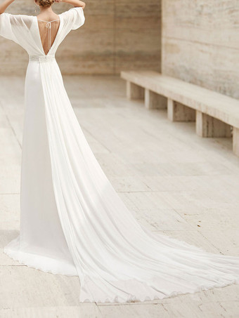 Vintage Brautkleid Weiß Boho Brautkleider Chiffon 1/2 Ärmel Vintage Hochzeitskleid