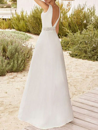 シンプルなウェディングドレス Aライン Vネック ノースリーブ レース ブライダルドレス 無料カスタマイズ