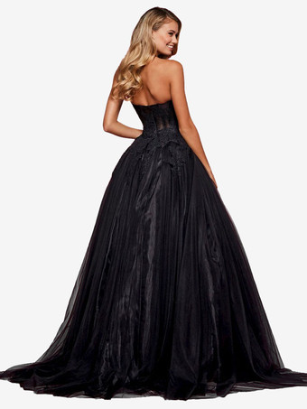 ブラックウエディングドレスストラップレス A ライン ノースリーブ レース パーティー ドレス無料カスタマイズ