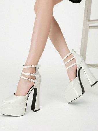 blanc Escarpins à plateforme pour femmes Rouge Bout pointu Fermeture à boucle Bride à la cheville Talons hauts bloc