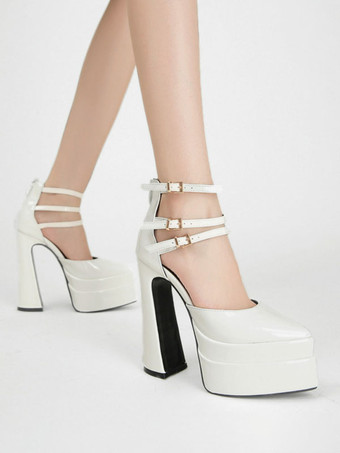 Escarpins à plateforme pour femmes Rouge Bout pointu Fermeture à boucle Bride à la cheville Talons hauts bloc