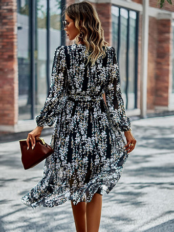 ボヘミアンドレス Vネック 長袖 花柄 レースアップ ビーチドレス