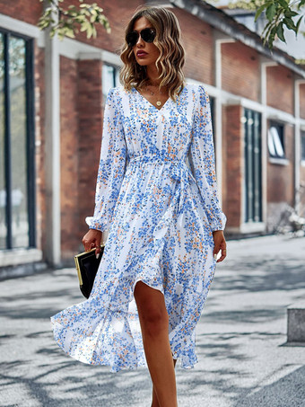 ホワイト ボヘミアンドレス Vネック 長袖 花柄 レースアップ ビーチドレス