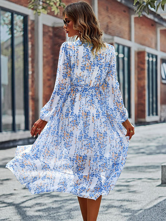 ボヘミアンドレス Vネック 長袖 花柄 レースアップ ビーチドレス