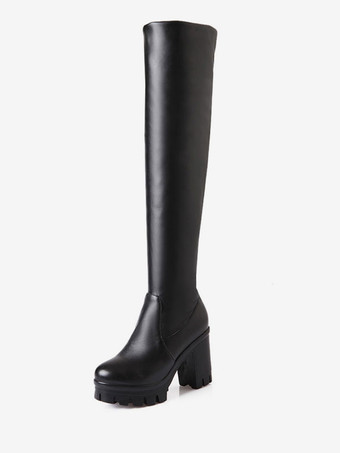 ブラック オーバーザニーブーツ ラウンドトゥ チャンキーヒール サイハイブーツ レディース
