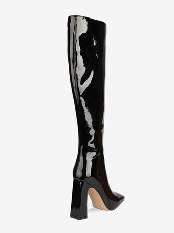 ニーハイ ゴーゴーブーツ レザー ブラック スクエアトゥ チャンキーヒール ハイヒール 膝丈ブーツ レディース