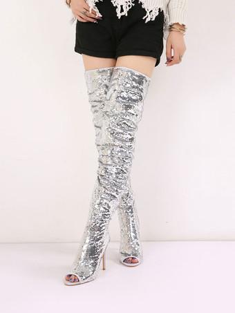 Sequin thigh high boots hotsell chunky heel