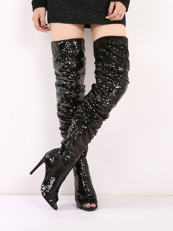 ブラック ニーブーツ　スパンコール　サイハイブーツ　ピープトウ　ハイヒール　セクシーブーツ