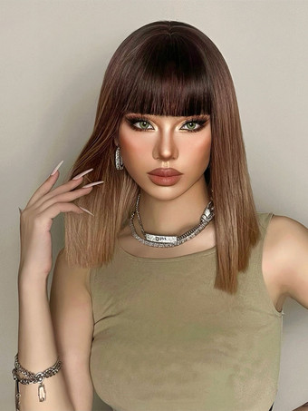 ミディアムウィッグ 合成コーヒーブラウン ストレート 耐熱繊維 女性用ウィッグ