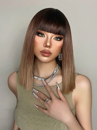 ミディアムウィッグ 合成コーヒーブラウン ストレート 耐熱繊維 女性用ウィッグ