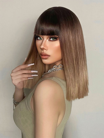 ミディアムウィッグ 合成コーヒーブラウン ストレート 耐熱繊維 女性用ウィッグ