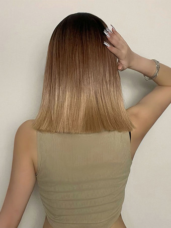 ミディアムウィッグ 合成コーヒーブラウン ストレート 耐熱繊維 女性用ウィッグ