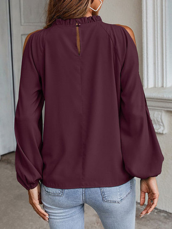 女性用シャツ レッド ジュエルネック カジュアル 長袖 ポリエステル トップス