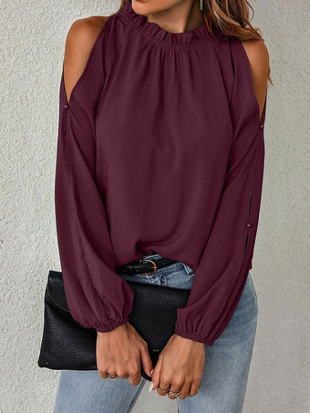 女性用シャツ レッド ジュエルネック カジュアル 長袖 ポリエステル トップス