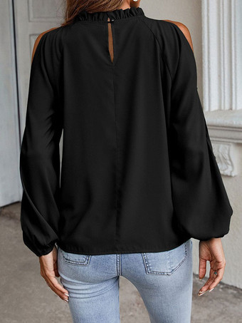 女性用シャツ レッド ジュエルネック カジュアル 長袖 ポリエステル トップス