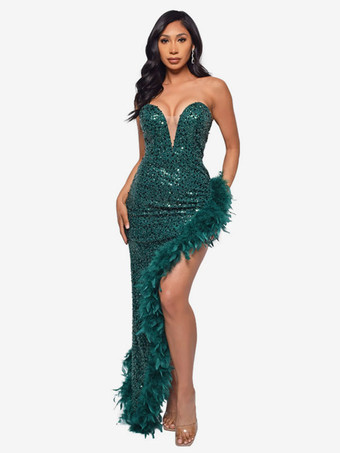Sequin Dresses Strapless Plunge Lace-up Back Feather Birthday Party Dresses