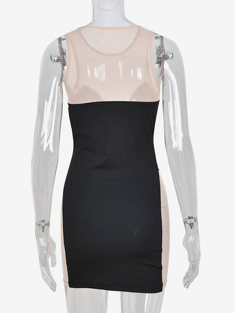 Vestido de club Vestido sexy de poliéster sin mangas con cuello joya negro