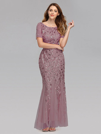 サーモンピンクマーメイド プロムドレス 半袖 誕生日 セミフォーマル マキシドレス