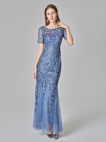 ライトスカイブルーマーメイド プロムドレス 半袖 誕生日 セミフォーマル マキシドレス