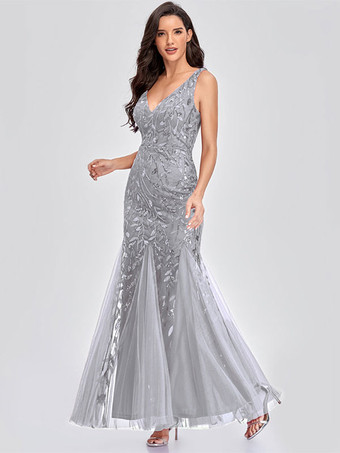 シルバー マーメイドドレス Vネック ノースリーブ 誕生日パーティー プロム マキシドレス