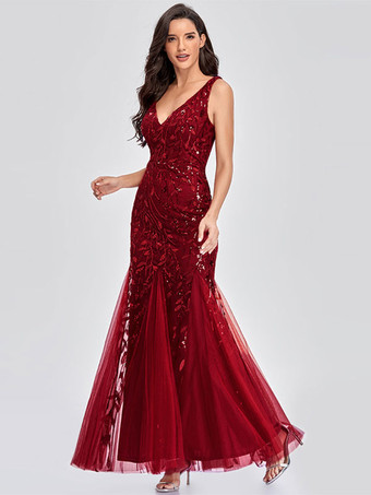 ワインレッド マーメイドドレス Vネック ノースリーブ 誕生日パーティー プロム マキシドレス