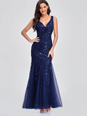 ダークネイビーマーメイドドレス Vネック ノースリーブ 誕生日パーティー プロム マキシドレス