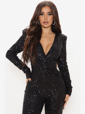 スパンコール ジャンプスーツ Vネック 長袖 レディース クラブ ナイトウェア