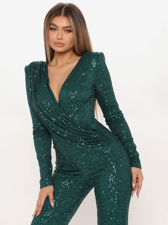 スパンコール ジャンプスーツ Vネック 長袖 レディース クラブ ナイトウェア