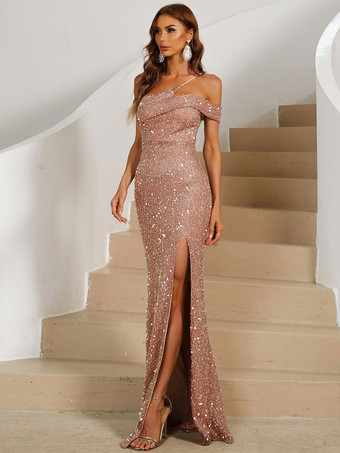 スパンコール マキシ ドレス ピンク ハイスリット マーメイド 誕生日パーティー プロム ドレス