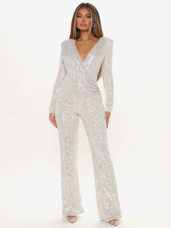 ホワイト スパンコール ジャンプスーツ Vネック 長袖 レディース クラブ ナイトウェア