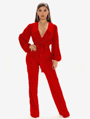 レッド 女性スパンコール ジャンプスーツ V ネック長袖ベルト付きクラブ ナイトウェア
